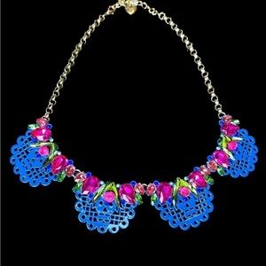 Betsey Johnson Flowers & Lace Gold Tone  Chain & Blue Scalloped Lace Necklace